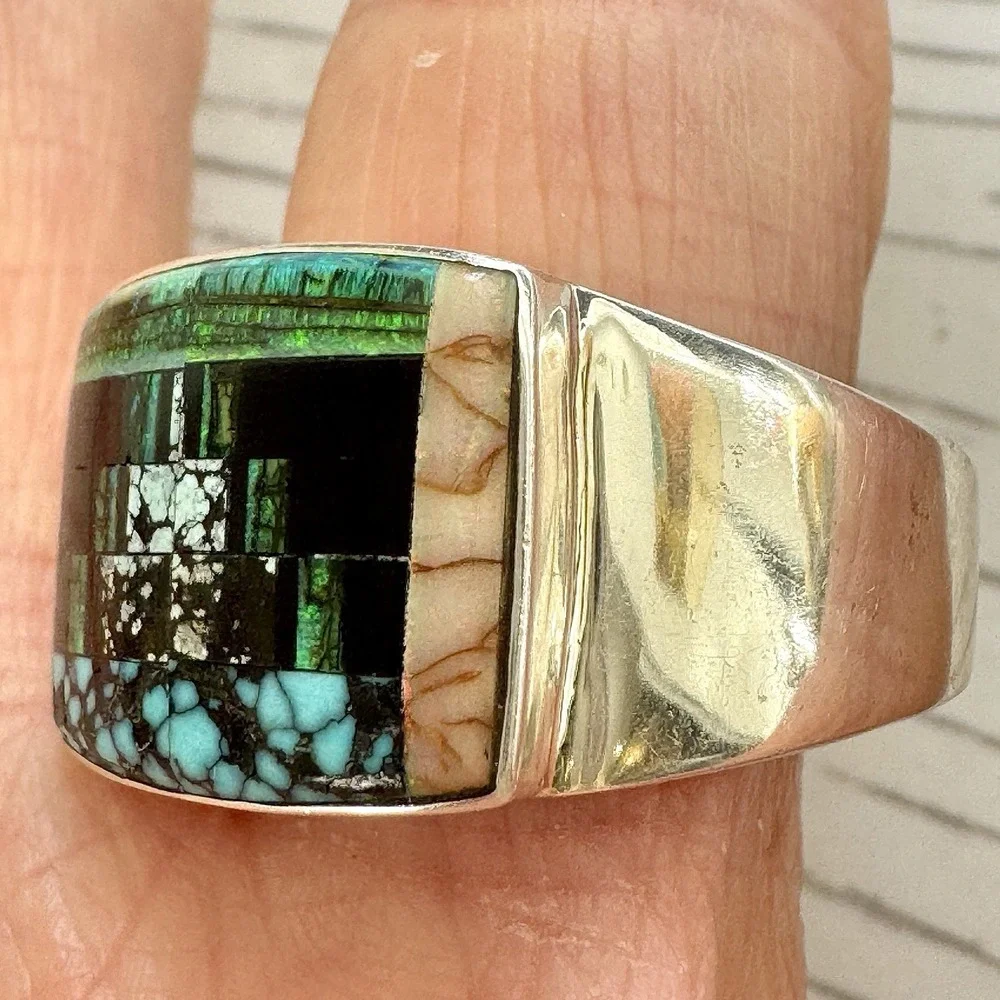 Navajo Mens Inlay Ring Turquoise Inlay Sz 12 Band 15mm Signed Tsosie Native Amer